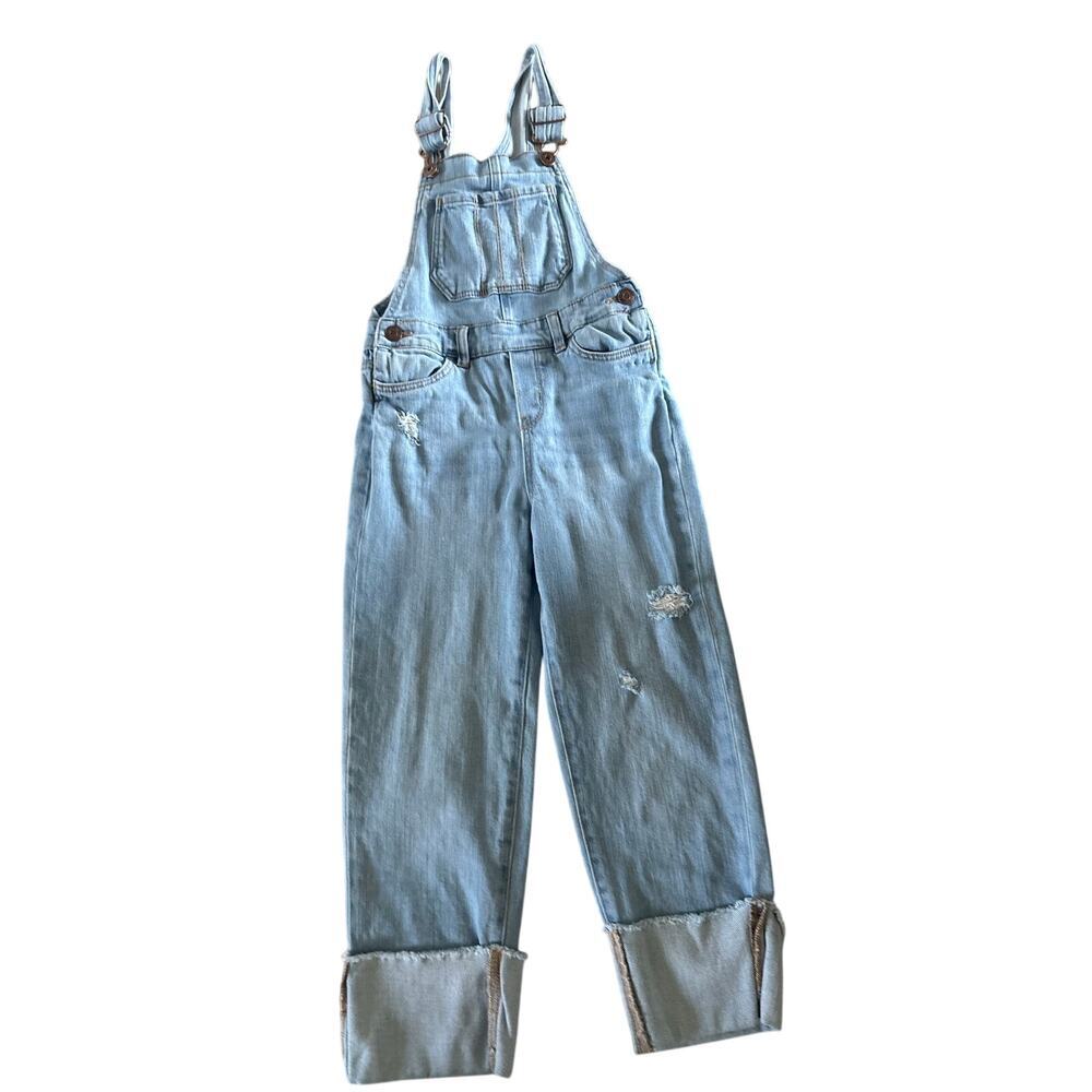 OshKosh B’gosh Girls Distressed Denim Overalls Rolled Cuff Light Wash 6/6X